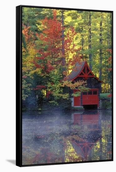New York, Adirondack Mountains. Boathouse in Autumn Along the Lake-Jaynes Gallery-Framed Stretched Canvas