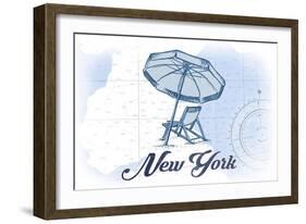 New York - Beach Chair and Umbrella - Blue - Coastal Icon-Lantern Press-Framed Art Print