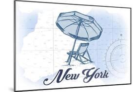 New York - Beach Chair and Umbrella - Blue - Coastal Icon-Lantern Press-Mounted Art Print