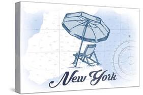 New York - Beach Chair and Umbrella - Blue - Coastal Icon-Lantern Press-Stretched Canvas