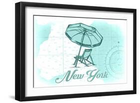New York - Beach Chair and Umbrella - Teal - Coastal Icon-Lantern Press-Framed Art Print
