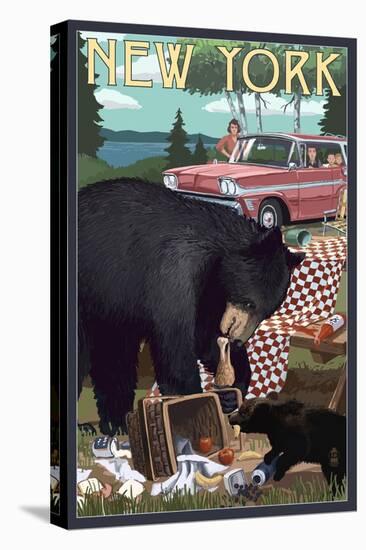 New York - Bear and Picnic Scene-Lantern Press-Stretched Canvas