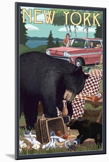 New York - Bear and Picnic Scene-Lantern Press-Mounted Art Print