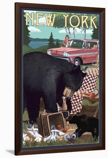 New York - Bear and Picnic Scene-Lantern Press-Framed Art Print