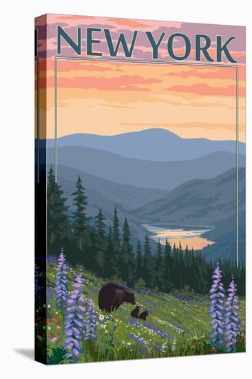 New York - Bear and Spring Flowers-Lantern Press-Stretched Canvas