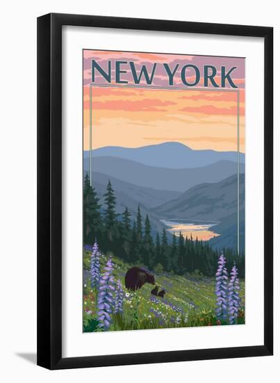 New York - Bear and Spring Flowers-Lantern Press-Framed Art Print