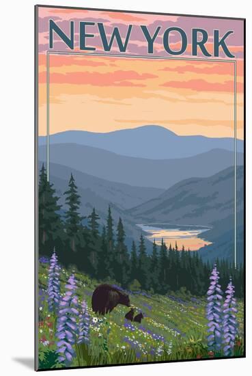 New York - Bear and Spring Flowers-Lantern Press-Mounted Art Print