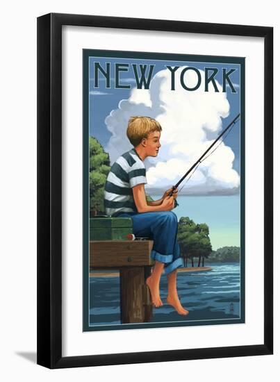 New York - Boy Fishing-Lantern Press-Framed Art Print