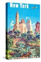 New York - Central Park - United Air Lines, Vintage Airline Travel Poster 1940s-Joseph Fehér-Stretched Canvas