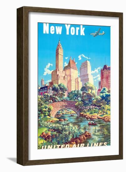 New York - Central Park - United Air Lines, Vintage Airline Travel Poster 1940s-Joseph Fehér-Framed Art Print