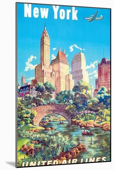 New York - Central Park - United Air Lines, Vintage Airline Travel Poster 1940s-Joseph Fehér-Mounted Art Print