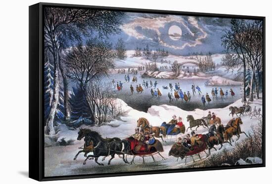 New York: Central Park-Currier & Ives-Framed Stretched Canvas