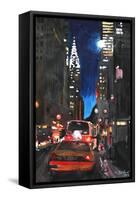 New York - Chrysler Building Street Scene-Martina Bleichner-Framed Stretched Canvas