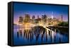 New York City - Beautiful Sunrise over Manhattan with Manhattan and Brooklyn Bridge Usa-Beatrice Preve-Framed Stretched Canvas