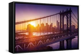 New York City - Beautiful Sunset over Manhattan with Manhattan and Brooklyn Bridge-dellm60-Framed Stretched Canvas