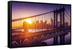 New York City - Beautiful Sunset over Manhattan with Manhattan and Brooklyn Bridge-dellm60-Framed Stretched Canvas