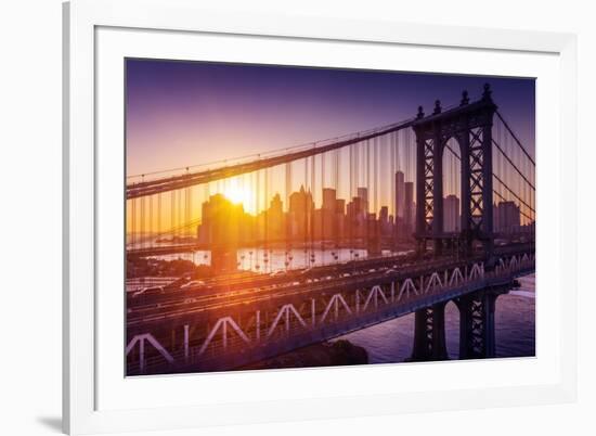 New York City - Beautiful Sunset over Manhattan with Manhattan and Brooklyn Bridge-dellm60-Framed Photographic Print