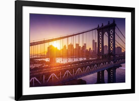 New York City - Beautiful Sunset over Manhattan with Manhattan and Brooklyn Bridge-dellm60-Framed Photographic Print