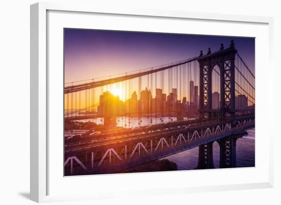 New York City - Beautiful Sunset over Manhattan with Manhattan and Brooklyn Bridge-dellm60-Framed Photographic Print