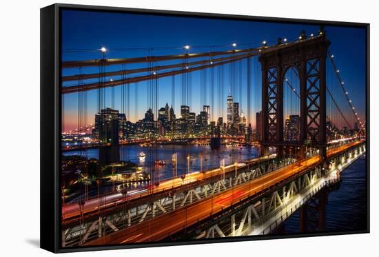 New York City - Beautiful Sunset over Manhattan with Manhattan and Brooklyn Bridge-IM_photo-Framed Stretched Canvas