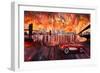 New York City Bridges with Red Corvette-Markus Bleichner-Framed Art Print