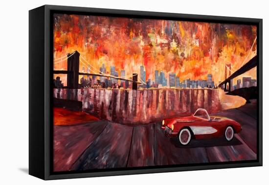 New York City Bridges with Red Corvette-Markus Bleichner-Framed Stretched Canvas