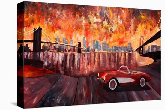 New York City Bridges with Red Corvette-Markus Bleichner-Stretched Canvas