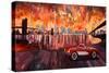 New York City Bridges with Red Corvette-Markus Bleichner-Stretched Canvas