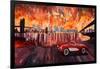 New York City Bridges with Red Corvette-Markus Bleichner-Framed Art Print