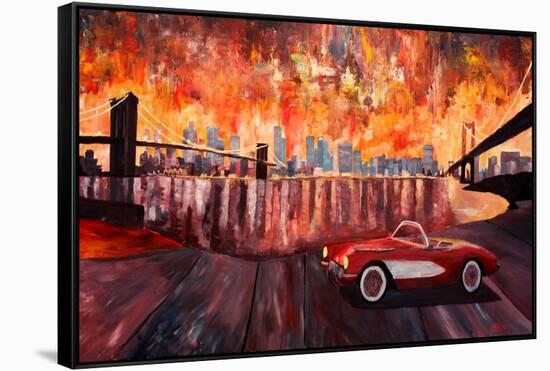 New York City Bridges with Red Corvette-Markus Bleichner-Framed Stretched Canvas