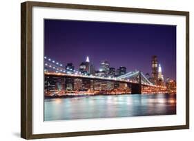 New York City Brooklyn Bridge and Manhattan Skyline with Skyscrapers over Hudson River Illuminated-Songquan Deng-Framed Photographic Print