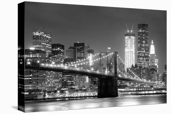 New York City Brooklyn Bridge Black and White with Downtown Skyline over East River.-Songquan Deng-Stretched Canvas