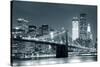 New York City Brooklyn Bridge Black and White with Downtown Skyline over East River.-Songquan Deng-Stretched Canvas