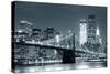 New York City Brooklyn Bridge Black and White with Downtown Skyline over East River.-Songquan Deng-Stretched Canvas