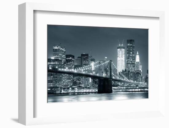 New York City Brooklyn Bridge Black and White with Downtown Skyline over East River.-Songquan Deng-Framed Photographic Print