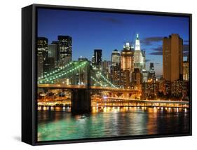 New York City Brooklyn Bridge - Downtown at Night-dellm60-Framed Stretched Canvas