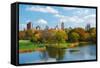 New York City Central Park in Autumn with Manhattan Skyscrapers and Colorful Trees over Lake with R-Songquan Deng-Framed Stretched Canvas