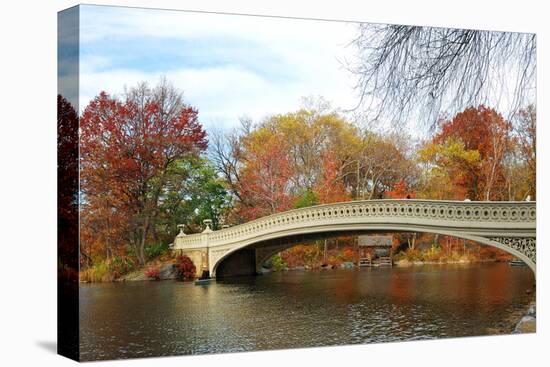 New York City Manhattan Central Park Panorama at Autumn with Skyscrapers, Foliage, Lake and Bow Bri-Songquan Deng-Stretched Canvas