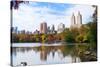 New York City Manhattan Central Park Panorama in Autumn Lake with Skyscrapers and Colorful Trees Wi-Songquan Deng-Stretched Canvas