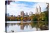 New York City Manhattan Central Park Panorama in Autumn Lake with Skyscrapers and Colorful Trees Wi-Songquan Deng-Stretched Canvas