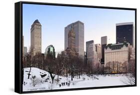 New York City Manhattan Central Park Panorama in Winter with Snow, Freezing Lake and Skyscrapers At-Songquan Deng-Framed Stretched Canvas