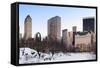 New York City Manhattan Central Park Panorama in Winter with Snow, Freezing Lake and Skyscrapers At-Songquan Deng-Framed Stretched Canvas