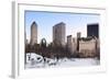 New York City Manhattan Central Park Panorama in Winter with Snow, Freezing Lake and Skyscrapers At-Songquan Deng-Framed Photographic Print