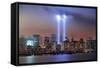 New York City Manhattan Downtown Skyline at Night from Liberty Park with Light Beams in Memory of S-Songquan Deng-Framed Stretched Canvas