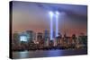 New York City Manhattan Downtown Skyline at Night from Liberty Park with Light Beams in Memory of S-Songquan Deng-Stretched Canvas