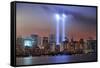 New York City Manhattan Downtown Skyline at Night from Liberty Park with Light Beams in Memory of S-Songquan Deng-Framed Stretched Canvas