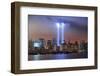 New York City Manhattan Downtown Skyline at Night from Liberty Park with Light Beams in Memory of S-Songquan Deng-Framed Photographic Print