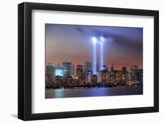 New York City Manhattan Downtown Skyline at Night from Liberty Park with Light Beams in Memory of S-Songquan Deng-Framed Photographic Print