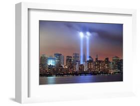 New York City Manhattan Downtown Skyline at Night from Liberty Park with Light Beams in Memory of S-Songquan Deng-Framed Photographic Print