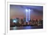 New York City Manhattan Downtown Skyline at Night from Liberty Park with Light Beams in Memory of S-Songquan Deng-Framed Photographic Print